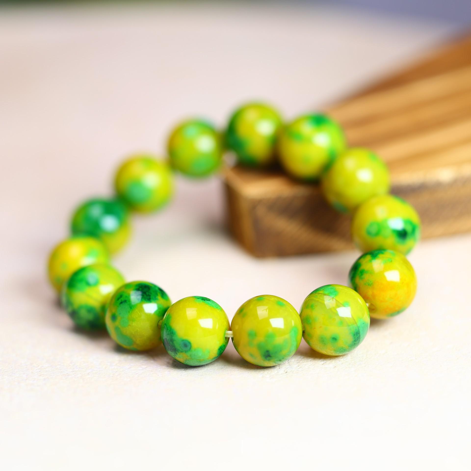 Colorful Peacock Agate Bracelet(14MM Huang-Green Agate Bracelet)