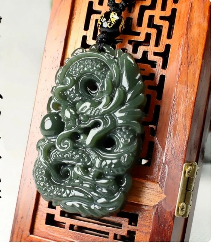 Xinjiang Hetian Dark Green Jade Chinese Zodiac Dragon Pendant, Unisex Jade Ornament, Swimming Dragon Plaque Pendant（Dual-sided style）