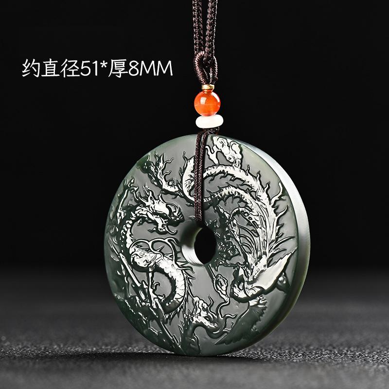 Natural Xinjiang Fine Hetian Green Jade Dragon Phoenix Safety Buckle Pendant