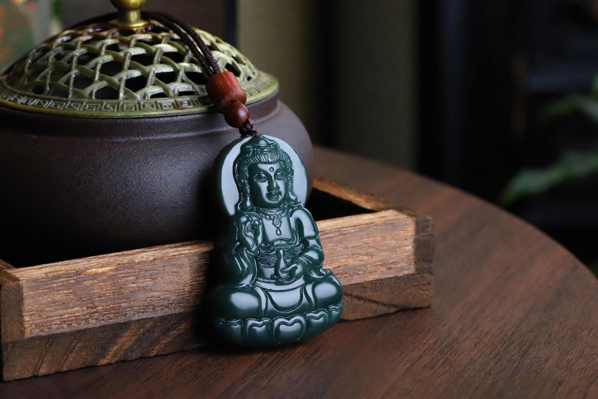 Xinjiang Hetian Jade Celadon Vase‑holding Guanyin Pendant