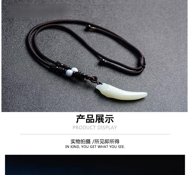 Xinjiang Natural Hetian White Jade Wolf‑Tooth Shape Pendant Necklace for Men Protective Amulet
