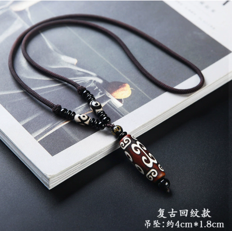 Vintage Spiral Pattern Tibetan Dzi Bead Pendant Necklace Retro Spiritual Amulet with Braided Cord