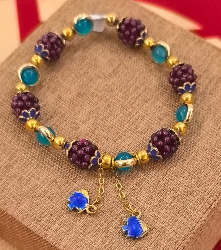 Purple and Blue Bead Bracelet with Neutral-Toned Fabric Box Set
